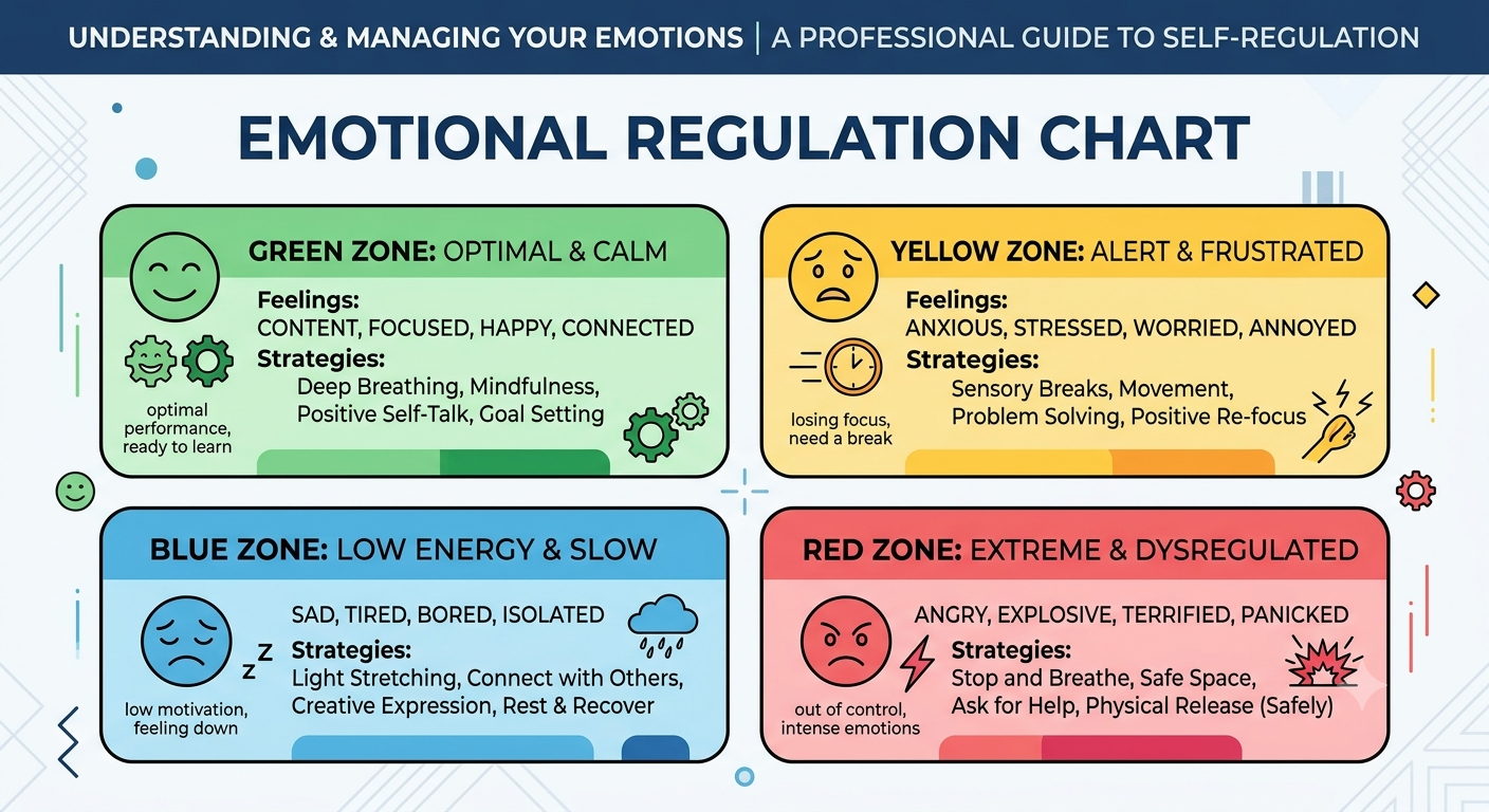 Emotional regulation chart explaining green, yellow, blue, and red emotional zones