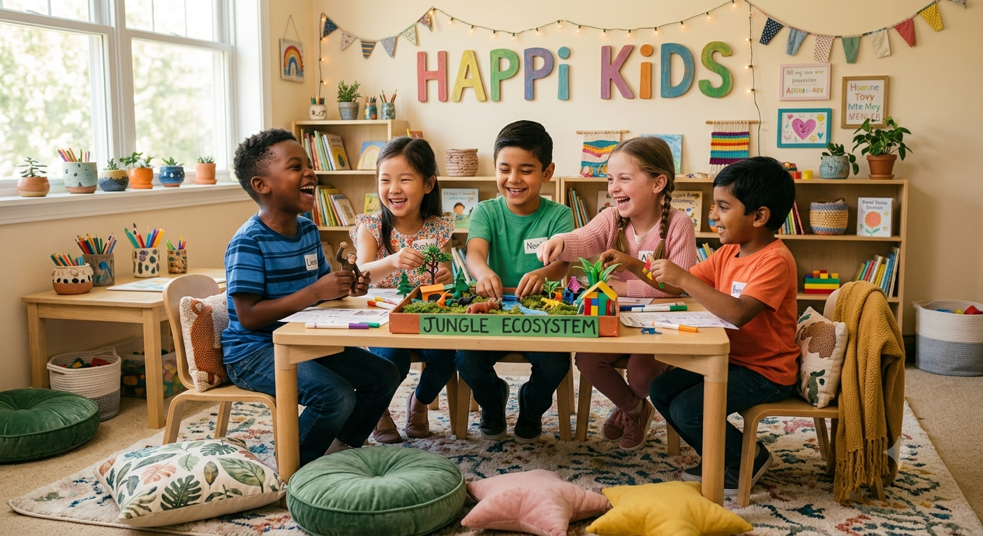 Children collaborating happily on a classroom learning activity